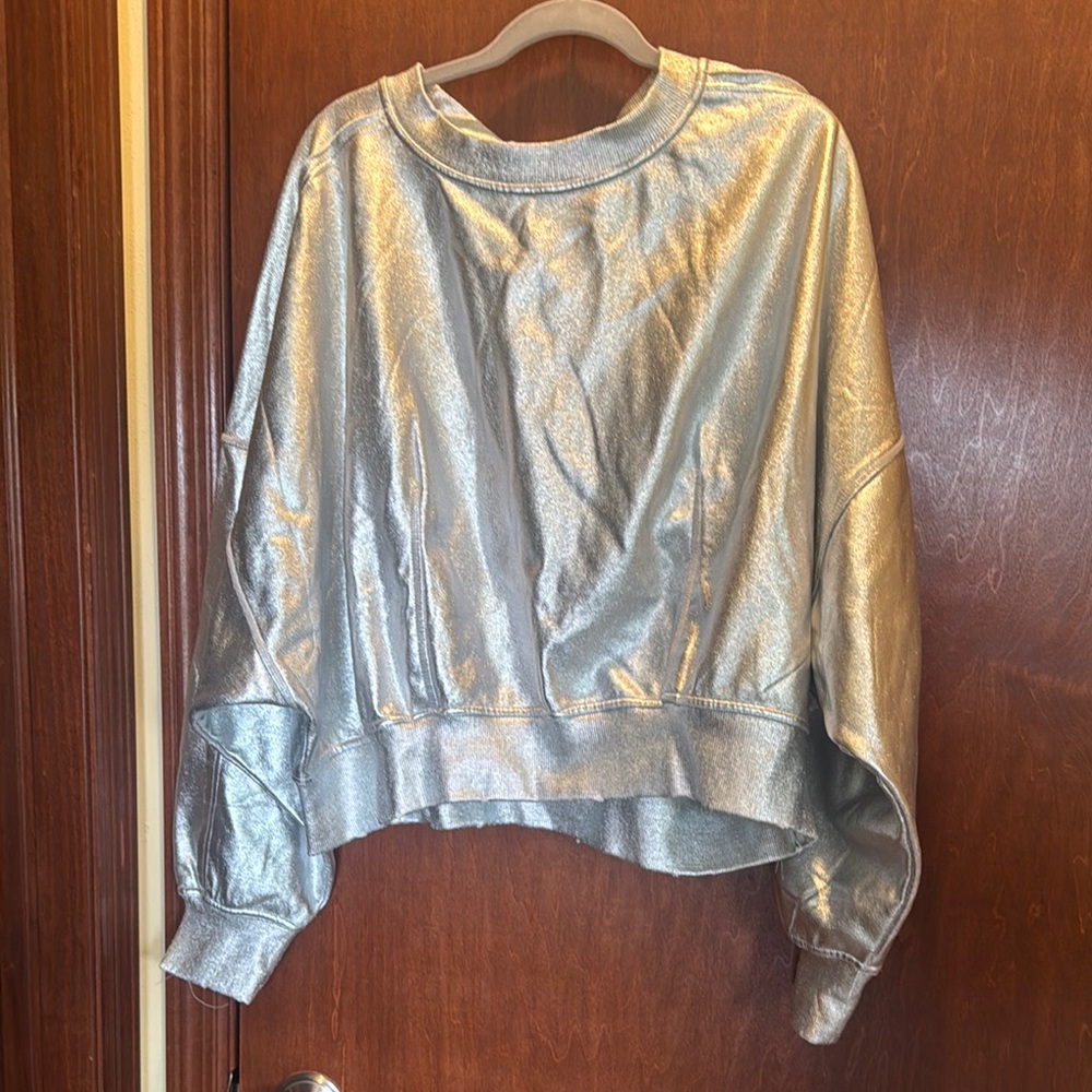 Free People Shiny Silver Oversized Pullover